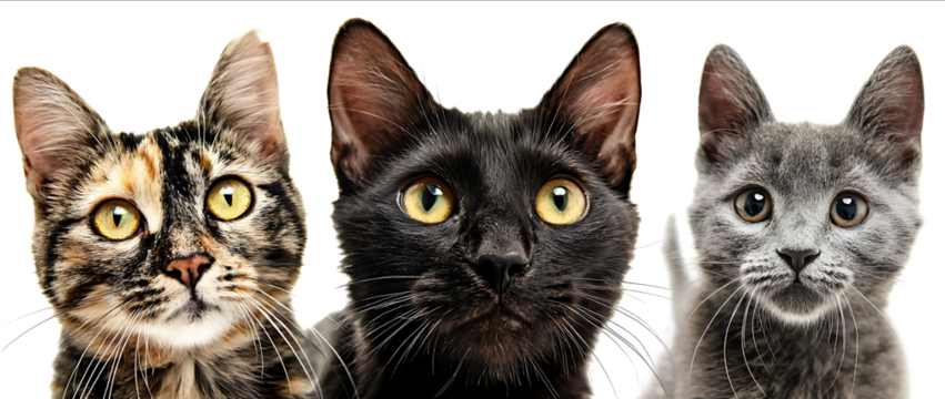 Closeup portrait of three different cats isolated on a white background a black and brown calico Bengal cat with yellow eyes a black shorthaired tabby cat an