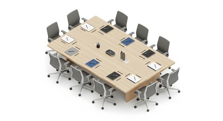 Naklejka premium Topdown view of a large oval conference table with chairs and laptops, ready for a business meeting isolated on white background