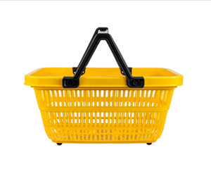 A plastic shopping basket with a black handle isolated on a white background White space for text or a product advertising banner Front view of the empty yel