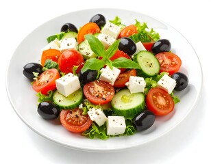 Invigorating greek salad featuring fresh vegetables with feta cheese and olives served on white dish