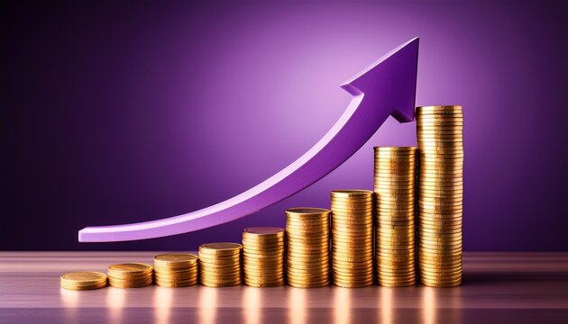 economic growth with rising bar chart and arrow in purple with gold coins symbolizes financial success
