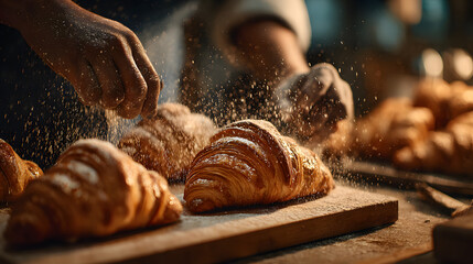Préparation de croissants dans une boulangerie artisanale en fin de matinée avec de la farine en poudre