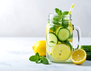 Fototapeta premium Refreshing hydration: Infused water with cucumber, lemon, and mint for a healthy zest