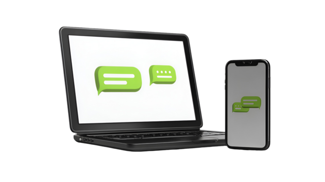Laptop and phone showing green chat bubbles digital communication
