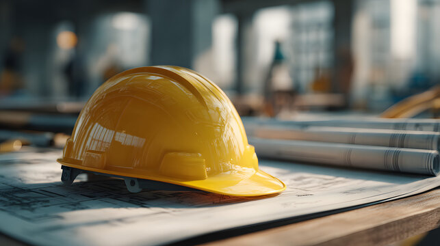 Casque de chantier jaune posé sur des plans dans un environnement de construction moderne pendant la journée