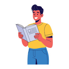 Man Immersed in Book: A vibrant illustration portrays a man absorbed in reading a book, radiating an aura of knowledge and focused concentration.