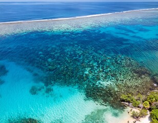 aerial view of a tropical beach with clear turquoise water and coral reefs