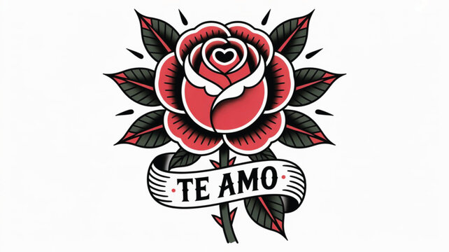 A red rose with bold tattoo lines cradles a white dove at its heart, wings forming a love-shaped arc. Below, a ribbon reads &ldquo;TE AMO&rdquo;&mdash;a timeless fusion of peace, passion, and devotion in inked symmetry
