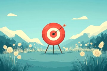 Target with arrow in a tranquil mountain landscape, clear blue sky.