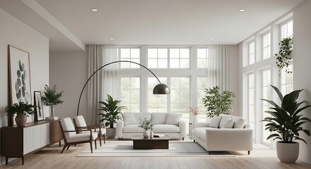 Fototapeta premium Modern spacious living room interior with contemporary furniture and abundant natural light.