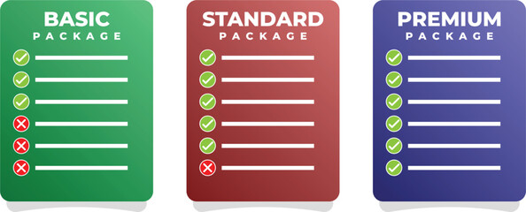 Pricing package comparison chart vector template – basic, standard, premium plan options with checklist design