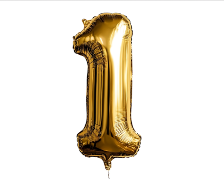 A golden foil balloon in the shape of the number 1 against a white background realistic photographic style high resolution professional photograph high dynam