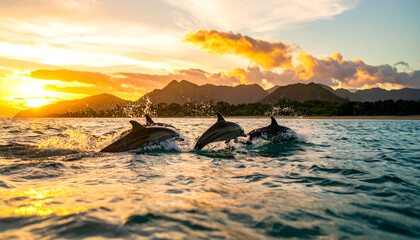 Fototapeta premium Playful Dolphins Leaping Through the Ocean Waves at a Golden Sunset