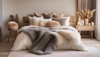 a stylish bedroom with fluffy pillows and warm blankets