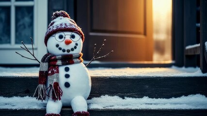 Adorable snowman wearing scarf and glasses sitting on snowy porch steps. Winter wonderland holiday scene for greeting card, footage. - Powered by Adobe