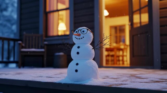 Snowman on a cozy home porch during winter with softly falling snow and illuminated interior, festive season footage. - Powered by Adobe