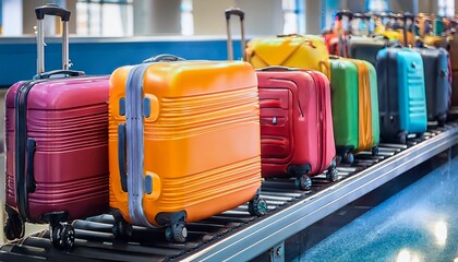 colorful suitcases lined up on a conveyor belt ready for travel or luggage handling