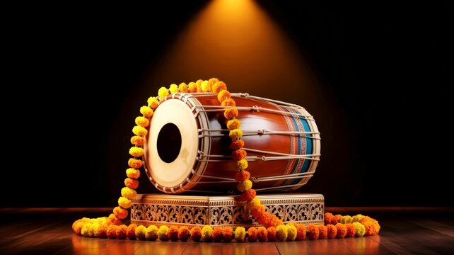 Traditional indian dholak drums adorned with marigold flowers on a pedestal, illuminated by warm spotlights, evoking a sense of cultural celebration and spiritual ambiance
