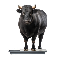 A black bull standing on a scale in front of a transparent background