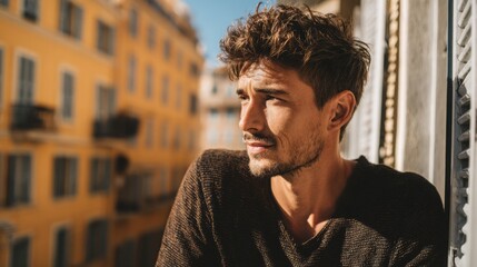 Thoughtful man gazes out over a vibrant cityscape on a sunny day in the late afternoon