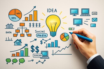 Business planning concept with light bulb and hand drawing marketing data, graphs, charts and digital strategy elements on light background.