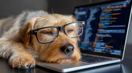 Sleeping dog with glasses rests on laptop during midday home office work session