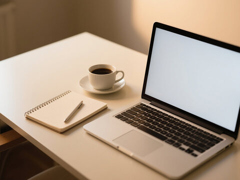 Modern minimalist workspace featuring an open laptop with blank screen, spiral notebook with pen, and a cup of black coffee on a clean desk. Concept of remote work, freelance lifestyle, productivity