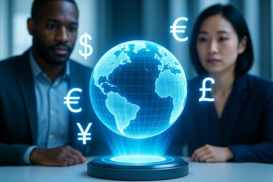 Business professionals analyzing global economy with holographic globe and currency symbols on futuristic light background. Ai generative. Ai generative