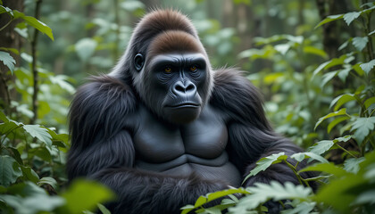 Obraz premium Powerful gorilla in its natural habitat, surrounded by lush jungle foliage, showcasing its strength and intelligence in the heart of the african forest
