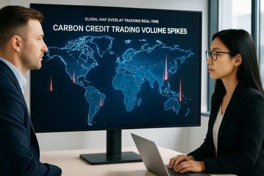 Business professionals analyzing carbon credit trading volume spikes on digital map in modern office with light background. Ai generative