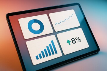 Business analytics dashboard on digital tablet showing charts and graphs with abstract background and gradient light effect on screen. Ai generative