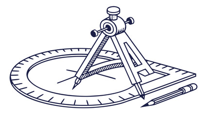 Illustration of a compass, protractor, triangle ruler, and pencil for drawing and drafting tools