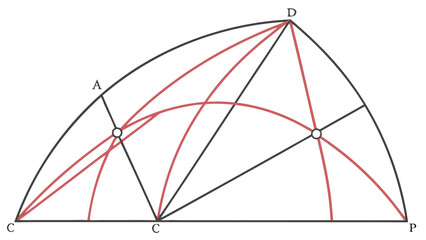 Geometric diagram featuring a semicircle with intersecting lines and arcs in black and red color