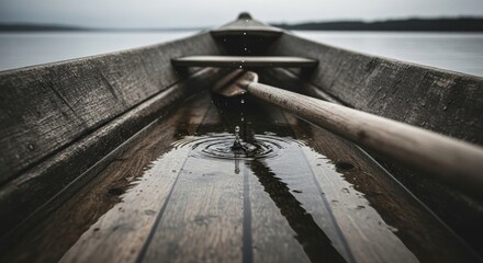 Obraz premium First-person perspective of a wooden rowboat on a calm lake with an oar creating ripples in the water.