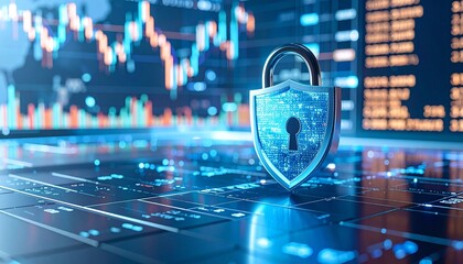 Glowing padlock inside shield surrounded by data charts and network nodes in dark blue digital cybersecurity interface