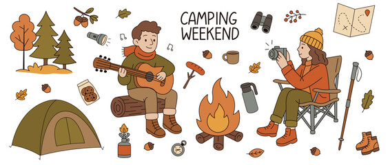 Camping season set isolated on white background. Woman makes marshmallows over campfire, man plays the guitar. Doodle style