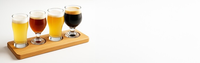 Assorted craft beer flight in various glasses on wooden tray with foamy heads, placed on clean white background with copy space for banner use. Ai generative