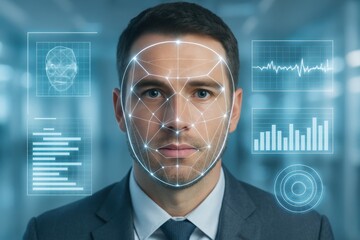 Facial Recognition Technology: A business professional stares intensely, overlaid with advanced facial recognition technology, depicting a seamless fusion of human and machine. 