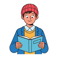 Young Reader immersed in knowledge: A youthful individual, wearing a vibrant red beanie, delves into the pages of a blue book, radiating the serenity of learning.