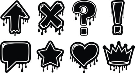 Dripping Graffiti Icons Set, Arrow, Cross, Question, Exclamation, Star, Heart, Crown, Vector illustration