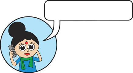 Vibrant Cartoon Illustration of a Smiling Girl Talking on the Phone with 'Hello World' Speech Bubble, Fun and Colorful