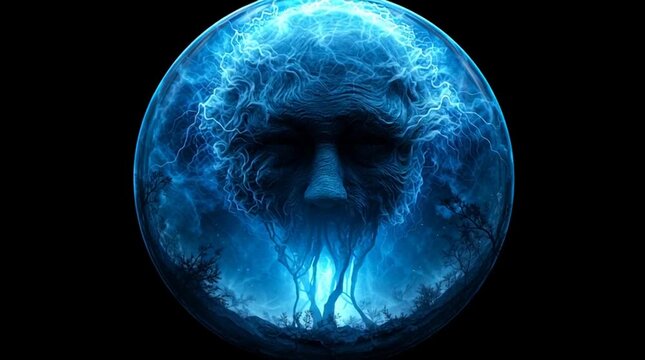 A surreal image of a beautiful, glowing, blue orb of energy (representing nuclear power) that has a dark, shadowy, and fearful human face trapped inside it.