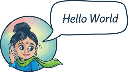 Vibrant Cartoon Illustration of a Smiling Girl Talking on the Phone with 'Hello World' Speech Bubble, Fun and Colorful