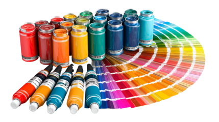 Collection of colorful paint tubes and color swatch fan isolated on transparent background