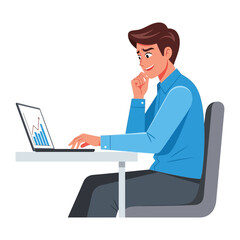 Focused Analyst at Desk: A composed analyst, deeply engaged, meticulously reviews charts and data on a laptop screen. The scene captures the essence of diligence, attention to detail.