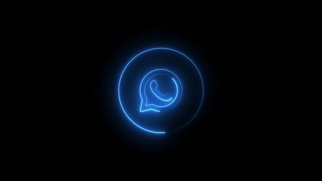 Glowing neon WhatsApp icon isolated on black background. 4k Video motion graphic animation. "Glowing Neon WhatsApp Logo Icon on Black Background.