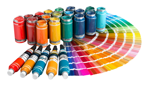 Collection of colorful paint tubes and color swatch fan isolated on transparent background