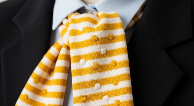 Detailed Close Up of a Man Wearing a Black Suit and a Yellow White Striped Textured Tie. - Powered by Adobe