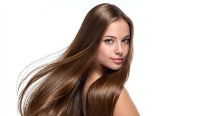 Fototapeta premium A beautiful young woman with long, flowing hair, showcasing elegance and confidence in a bright and airy setting.