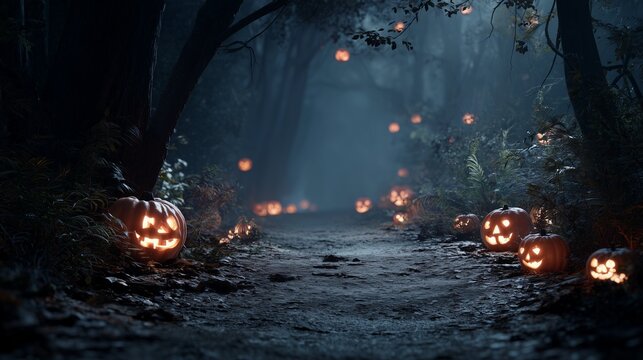 Spooky jack-o'-lantern pumpkins glowing on a misty forest trail at night. Halloween atmosphere with eerie light and mysterious mood, perfect for seasonal design.